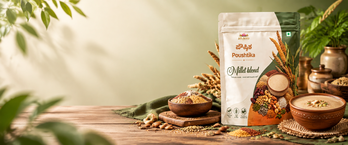 Poushtika Millet Blend pouch with bowls of millets, nuts and seeds