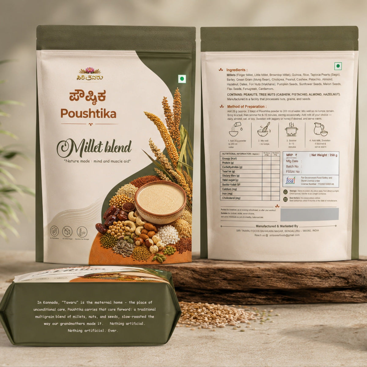 Three bags of Poushtika Millet Blend flour by Antra are displayed in a clean studio setting, showing the front, back, and side packaging designs alongside loose grains on a neutral background.
